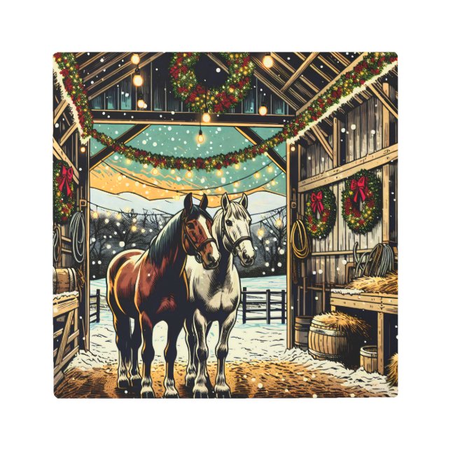 Merry Christmas Cartoon Horses   Metal Print (Front)