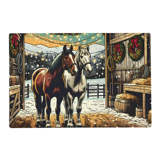 Merry Christmas Cartoon Horses   Placemat (Front)