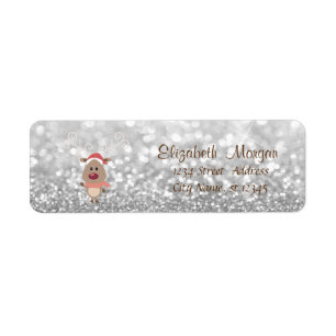 Merry Christmas,Cartoon Reindeer,Glittery Bokeh Label
