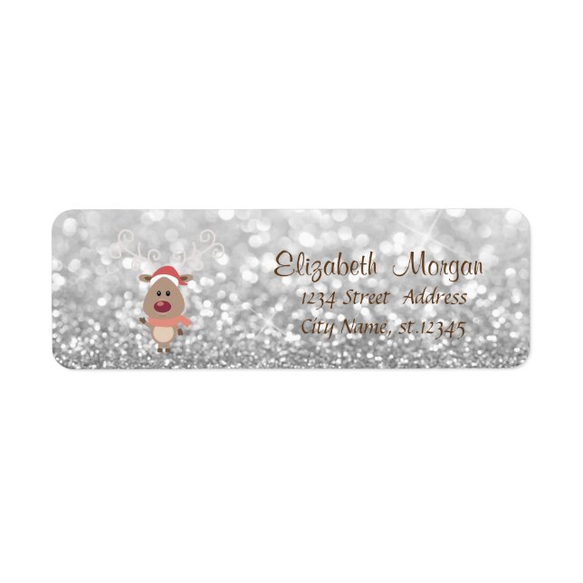 Merry Christmas,Cartoon Reindeer,Glittery Bokeh Label (Front)