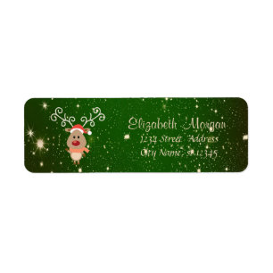 Merry Christmas,Cartoon Reindeer,Green Sparkles Label