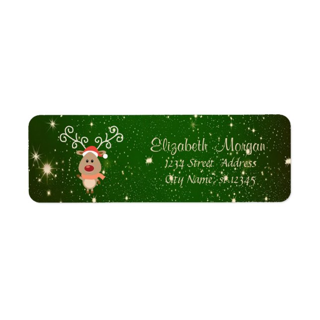 Merry Christmas,Cartoon Reindeer,Green Sparkles Label (Front)