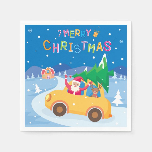 Merry Christmas Cartoon Santa Reindeer Car Napkins (Front)