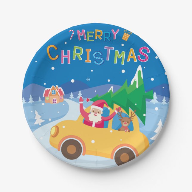 Merry Christmas Cartoon Santa Reindeer Car Paper Plates (Front)