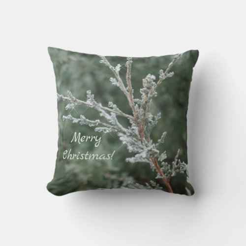 Merry Christmas Casual Script Frosty Evergreen  Throw Pillow