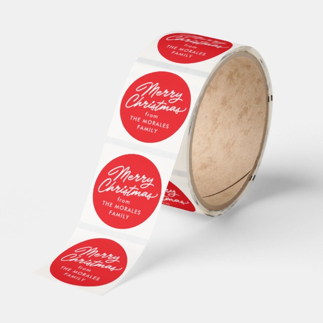 Merry Christmas casual script red holiday gift Classic Round Sticker (Roll)