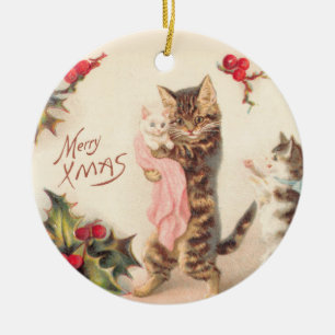 Merry Christmas Cat and Kittens Holly Vintage Ceramic Ornament