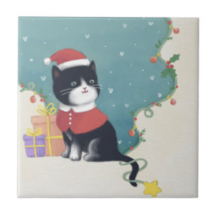Merry Christmas: Cat Illustration Art Ceramic Tile