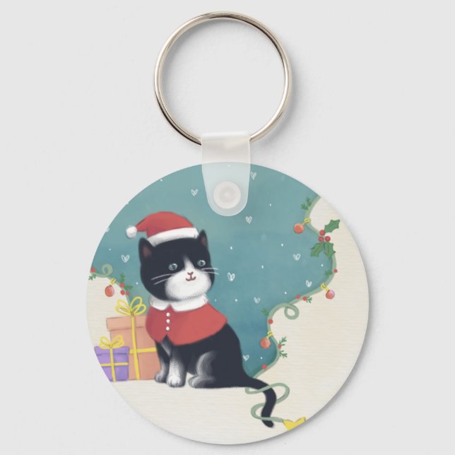 Merry Christmas: Cat Illustration Art Keychain (Front)