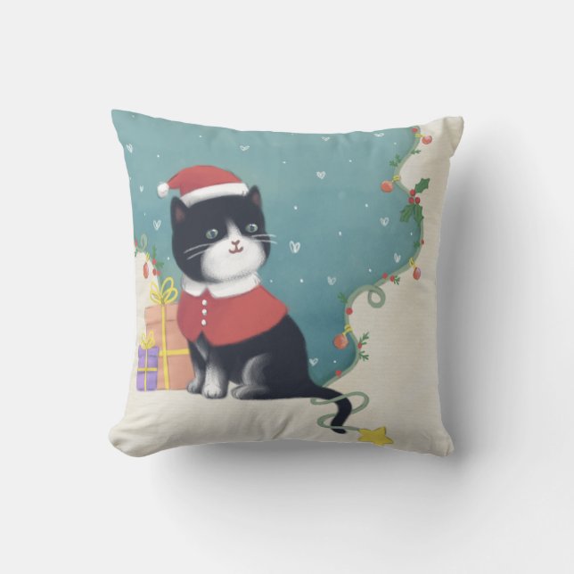 Merry Christmas: Cat Illustration Art Throw Pillow (Front)