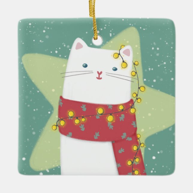 Merry Christmas: Cat Illustration Ceramic Ornament (Front)