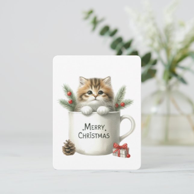 Merry Christmas Cat In A Mug - Christmas Holiday Card (Standing Front)