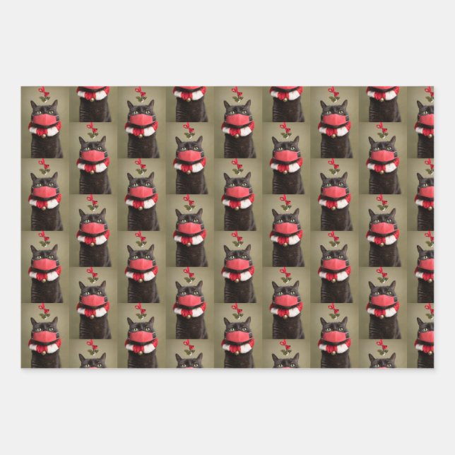 Merry Christmas Cat in Face Mask Under Mistletoe Wrapping Paper Sheets (Front)