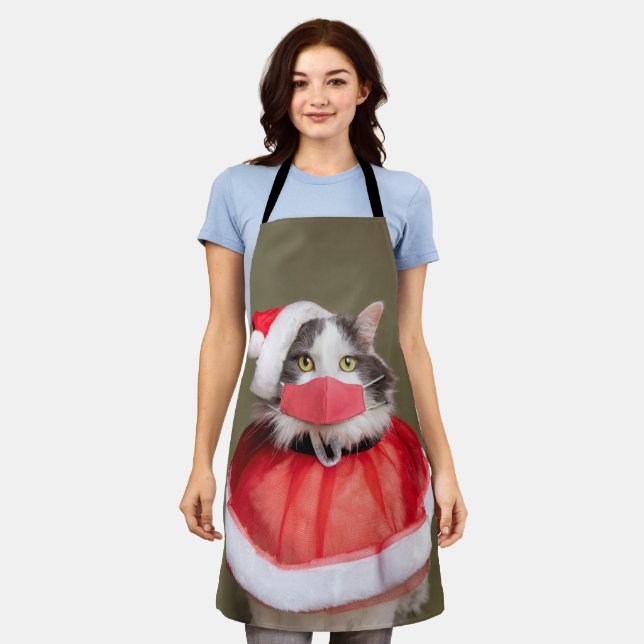 Merry Christmas Cat in Santa Hat and Face Mask Apron (Worn)
