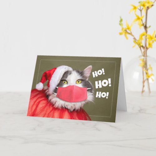 Merry Christmas Cat in Santa Outfit and Face Mask Card