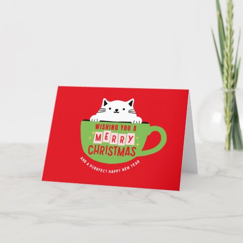 Merry Christmas Cat In Teacup Christmas Card Cute Holiday Card
