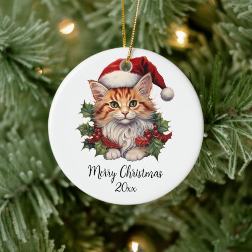 Merry Christmas Cat Kitten Santa Hat Holly Custom Ceramic Ornament