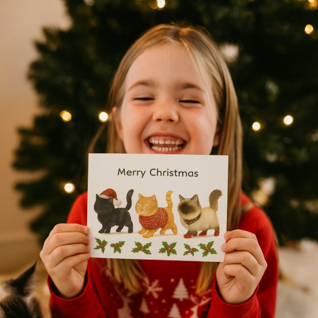Merry Christmas Cat Lover / Cute Cats  Holiday Postcard ( Joyful girl holding your festive cat-themed Christmas card. Anyone who likes cats will love it)