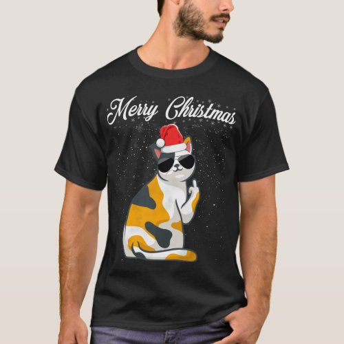 Merry Christmas Cat Middle Finger Rude Xmas Ugly C T_Shirt