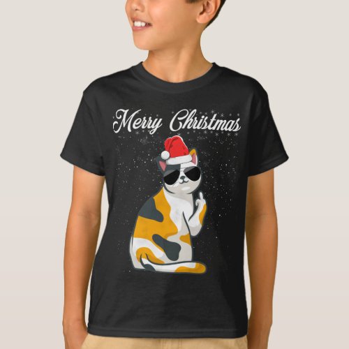 Merry Christmas Cat Middle Finger Rude Xmas Ugly C T_Shirt