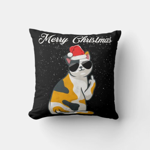 Merry Christmas Cat Middle Finger Rude Xmas Ugly C Throw Pillow