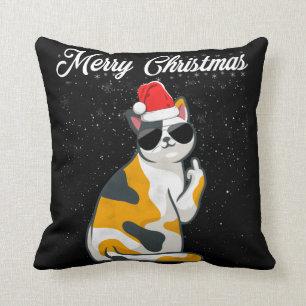 Merry Christmas Cat Middle Finger Rude Xmas Ugly C Throw Pillow