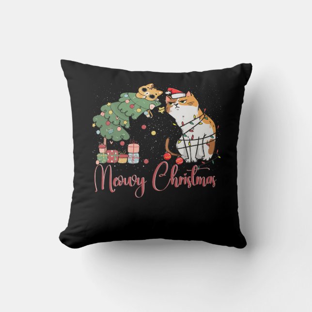Merry Christmas Cat Mom Santa Hat Meowy Christmas  Throw Pillow (Front)