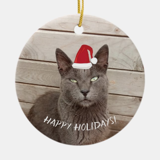 Merry Christmas Cat Photo Ceramic Ornament (Front)