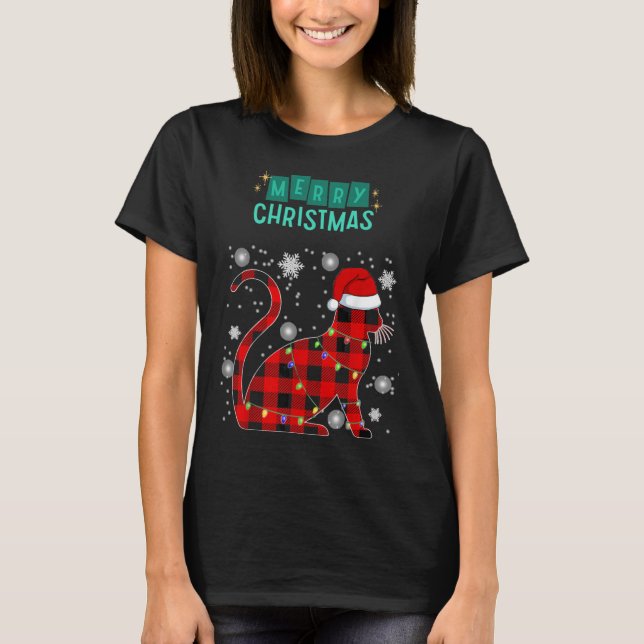 Merry Christmas Cat Plaid Graphic For Cat Lover  T-Shirt (Front)