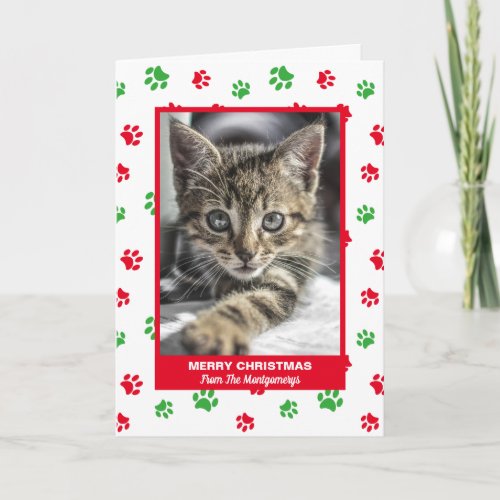 Merry Christmas Cat Red Green Paw Prints Pet Photo Holiday Card