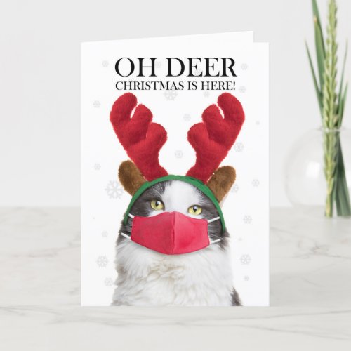 Merry Christmas Cat Reindeer Antlers  Face Mask Holiday Card