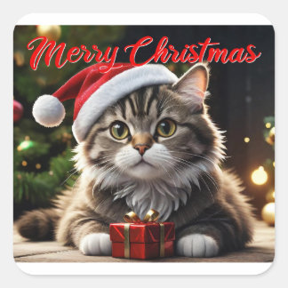 Merry Christmas Cat Square Sticker