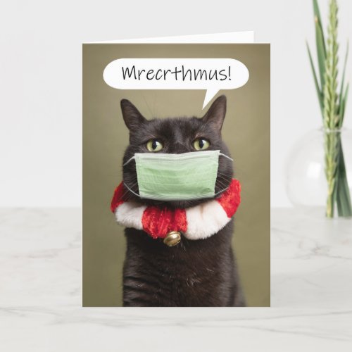 Merry Christmas Cat Talking Through Face Mask Holiday Card