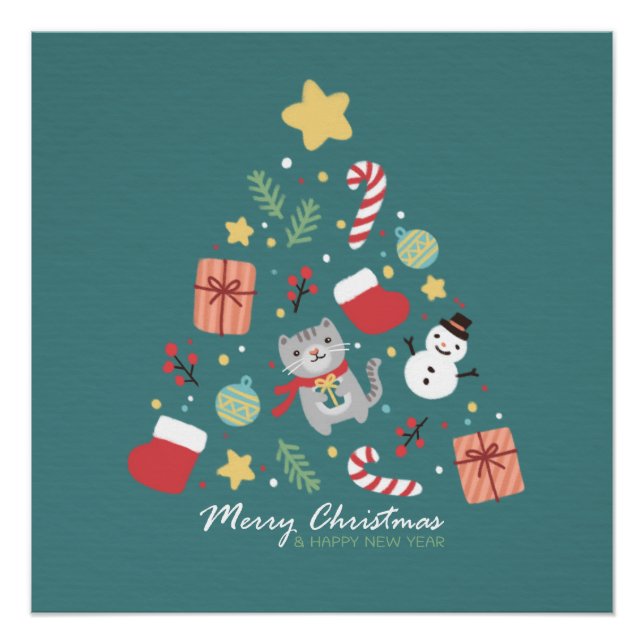 Merry Christmas: Cat & Tree Illustration Poster (Front)