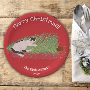 Merry Christmas! Cat vs Christmas Tree Holidays Paper Plates