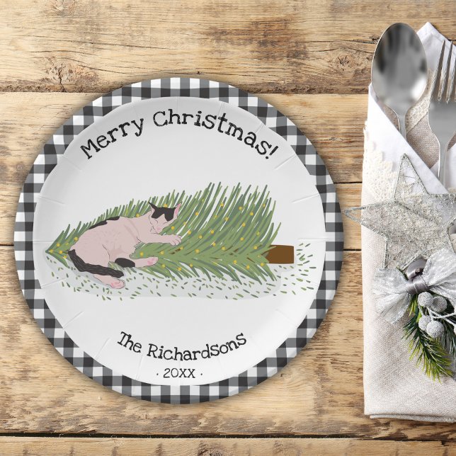 Merry Christmas! Cat vs Tree Black & White Gingham Paper Plates (Creator Uploaded)