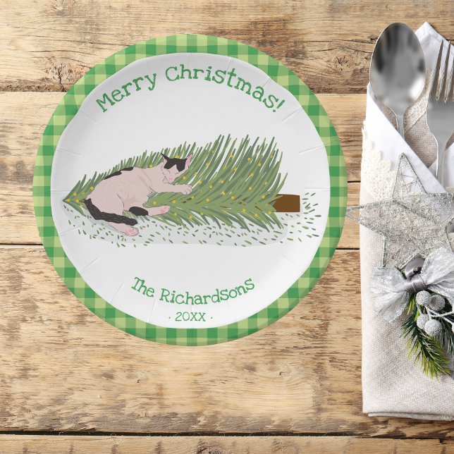 Merry Christmas! Cat vs Tree Green Gingham Paper Plates (Creator Uploaded)