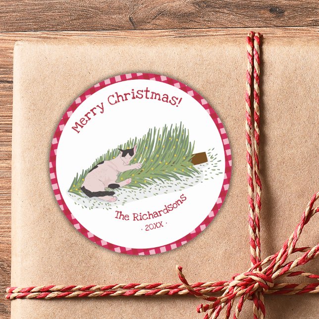 Merry Christmas Cat vs Tree Red Gingham Classic Round Sticker (Creator Uploaded)