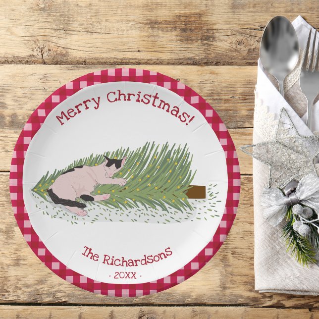 Merry Christmas! Cat vs Tree Red Gingham Paper Plates (Creator Uploaded)