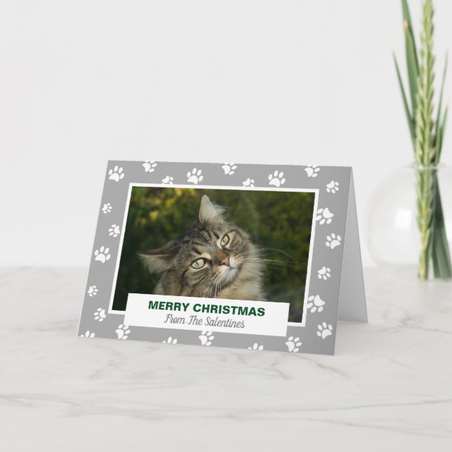 Merry Christmas Cat White Paw Prints Pet Photo Holiday Card (Front)