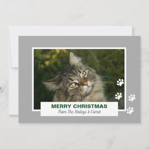 Merry Christmas Cat White Paw Prints Photo Holiday Card