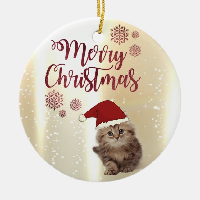 Merry Christmas,Cat With Santa Hat Ceramic Ornament (Front)