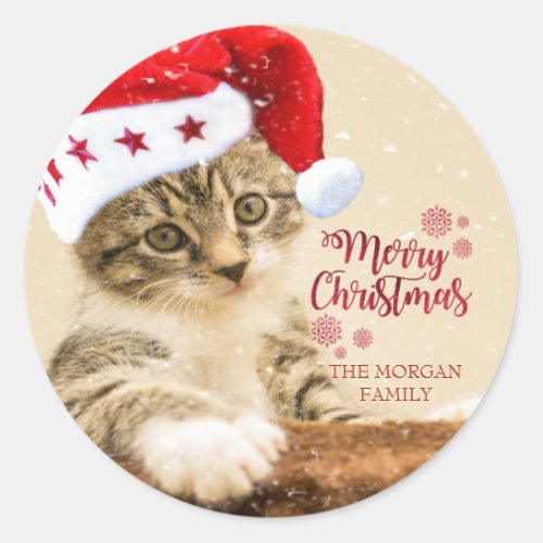 Merry ChristmasCat With Santa Hat Classic Round Sticker