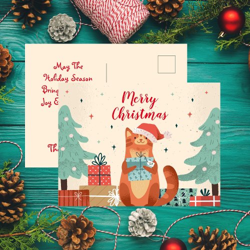 Merry Christmas Cat With Santa Hat Holiday Postcard