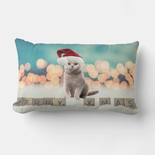 Merry Christmas Cat With Santa Hat Lumbar Pillow