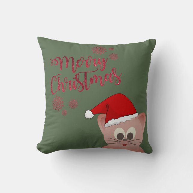 Merry Christmas,Cat With Santa Hat Throw Pillow (Front)