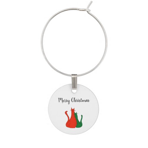 Merry Christmas Cats Red Green Festive Typography Wine Charm