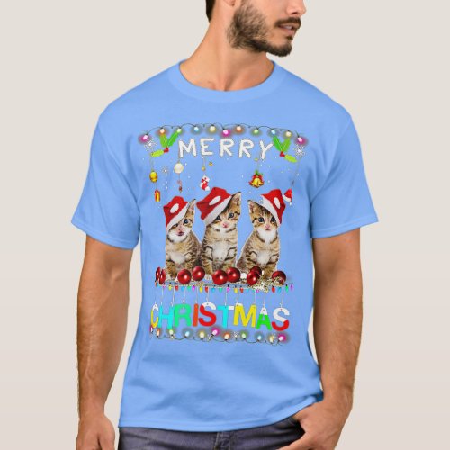 Merry Christmas Cats  Santa Hat Lights Xmas Funny  T_Shirt
