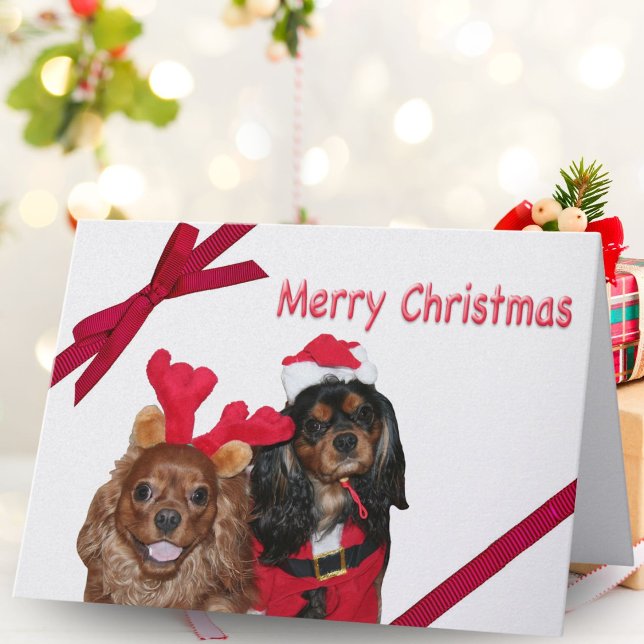 Merry Christmas Cavalier King Charles Red Ribbon Holiday Card (Creator Uploaded)