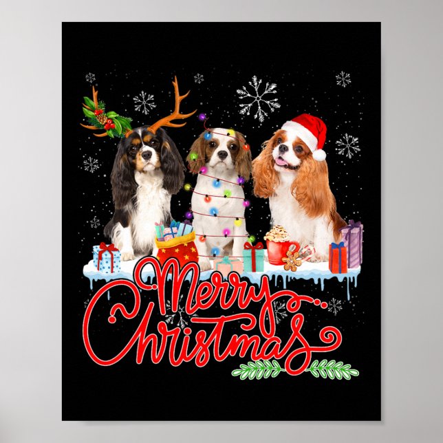Merry Christmas Cavalier King Santa Reindeer Light Poster (Front)